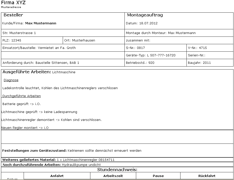 Ausgef�llter Montagebericht